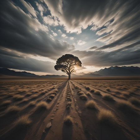 Lonely tree in the desert with dramatic sky, South Africaの素材