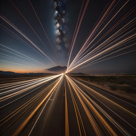 Highway in the desert with fast moving cars, long exposure photoの素材