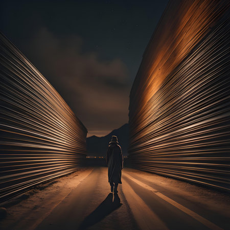 Woman walking on the road at night, 3d rendering. Computer digital drawing.の素材