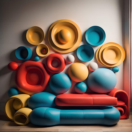 modern living room interior with sofa and colorful pillows, 3d renderの素材