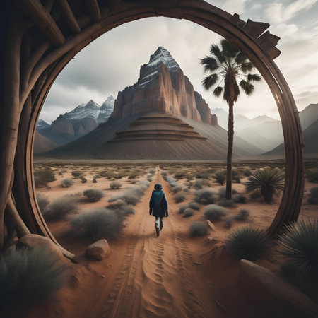Woman walking through the desert with mountains in the background. 3d renderingの素材