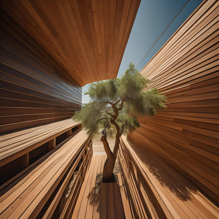 3D render of a modern architecture with a tree in the middleの素材