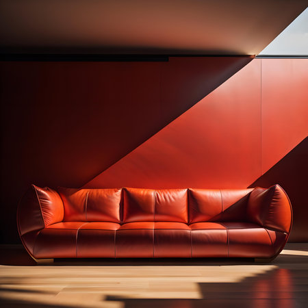 Red leather sofa in modern living room with red wall, 3d renderの素材