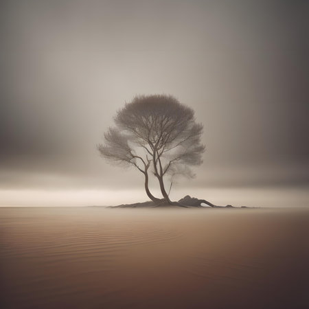 Lonely tree on a lake in a foggy day.の素材