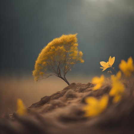 Autumn landscape with lonely tree and yellow leaves, 3d renderの素材
