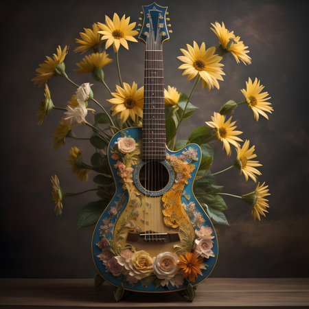 Guitar with flowers on the wooden table. Vintage style.の素材