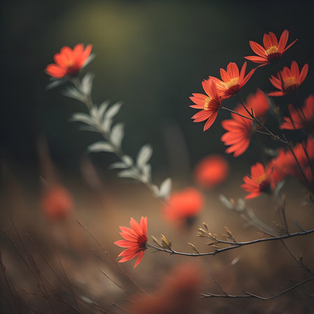Beautiful red flowers in the forest. Shallow depth of field.の素材
