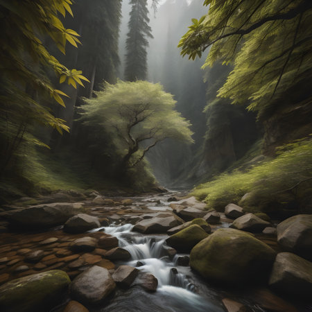 Fantasy landscape with river flowing through the forest. 3d renderingの素材