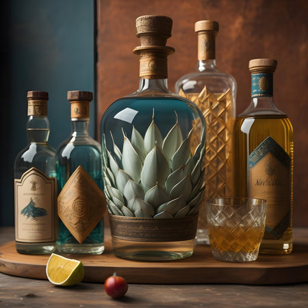 Aloe vera in a decanter and bottles on a wooden tableの素材