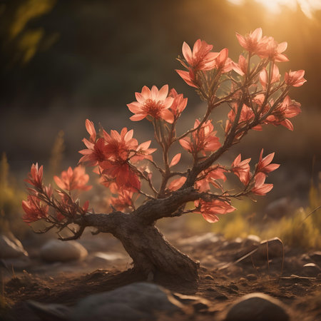 Beautiful blooming tree in the forest at sunset. Selective focus.の素材