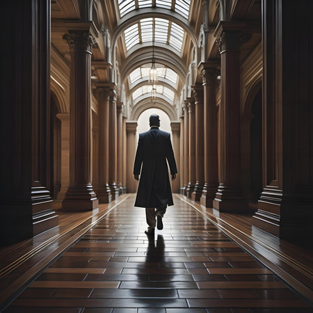 Businessman walking in the hallway of the old building. 3d renderingの素材
