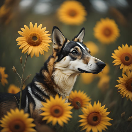 Beautiful portrait of a dog on a background of sunflowersの素材