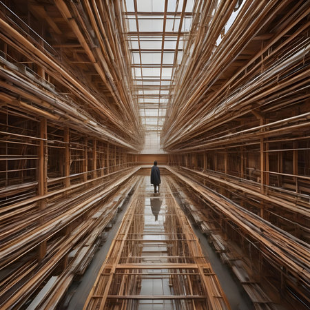 Rear view of a man walking through a large warehouse. 3d renderingの素材