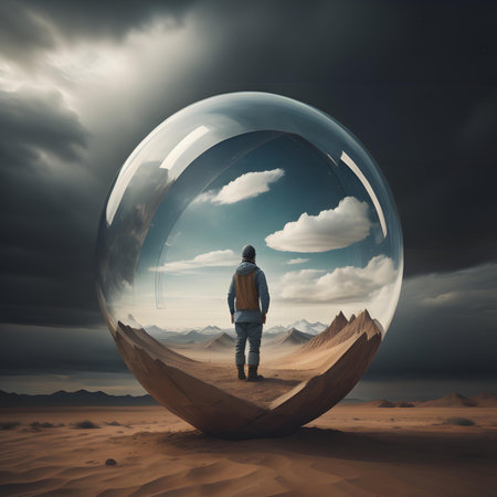 Man looking through a glass sphere in the desert. 3D renderingの素材