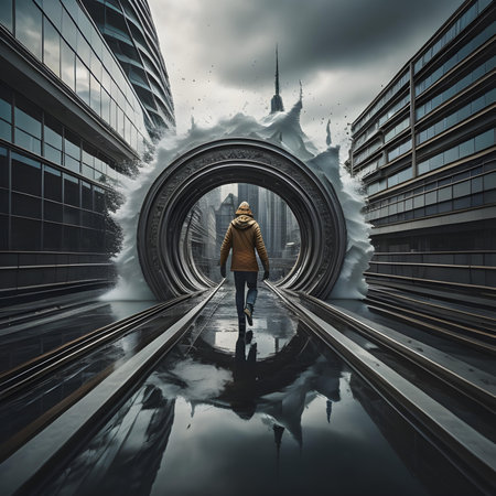 Surreal 3d rendering of a young man walking towards a tunnelの素材