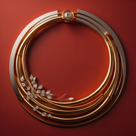 Round gold frame on a red background. 3D illustration. 3D rendering.の素材