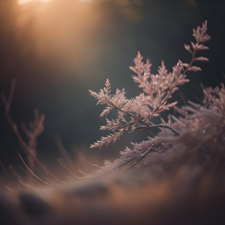 Hoarfrost on dry grass in the autumn forest at sunset.の素材