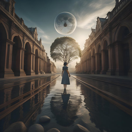 Girl in a dress standing in a puddle of water and looking at the planet.の素材