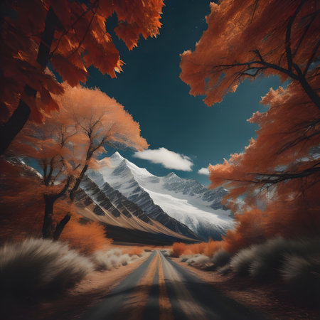 Autumn landscape with road and mountains in the background. 3d renderingの素材