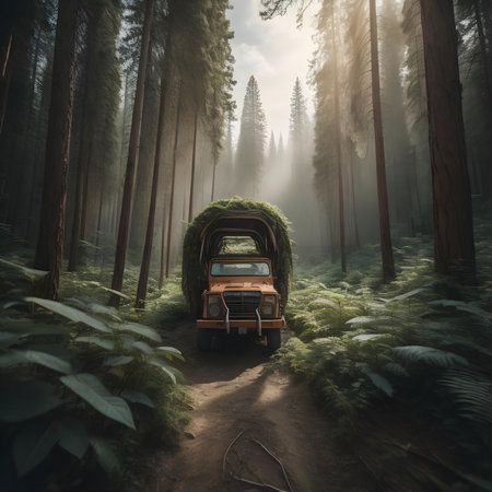 Vintage car in the forest. 3d rendering. Computer digital drawing.の素材