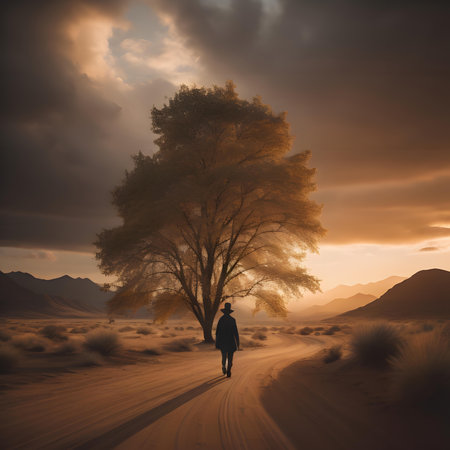 Woman walking on the road in the desert at sunset. 3D renderingの素材