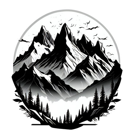 Mountains and forest in the form of a circle. Vector illustrationの素材