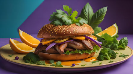 Hamburger with meat, orange and greens on a purple backgroundの素材