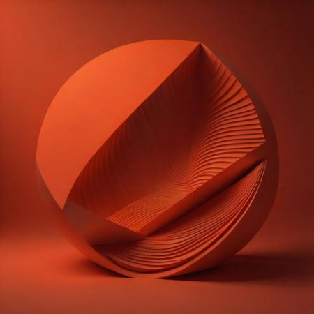 3d illustration of abstract geometric shape made of curved paper on red backgroundの素材
