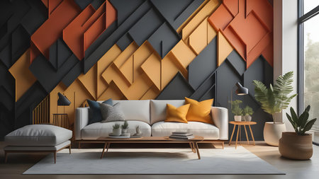 Interior of modern living room with gray and orange walls, concrete floor, comfortable white sofa with orange cushions and coffee table. 3d renderingの素材