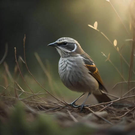 A closeup shot of a sparrow sitting on the ground.の素材