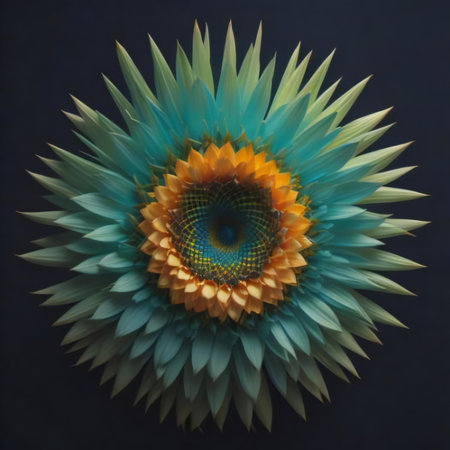 abstract flower on a black background with a rainbow of colors.の素材