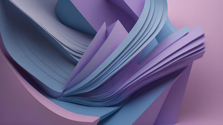 Abstract 3d rendering of curved paper sheets in violet and violet colorsの素材