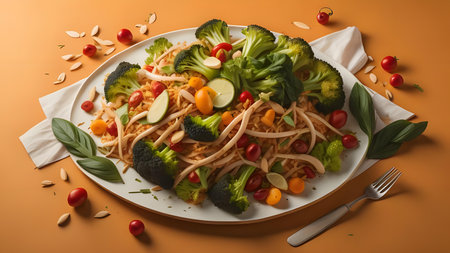 Noodles with vegetables on orange background. Healthy eating concept.の素材