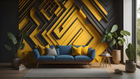 Interior of modern living room with yellow and black walls, wooden floor, comfortable blue sofa and plants. 3d renderingの素材
