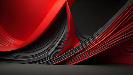 3d render, abstract background with red and black curved sheets of paperの素材