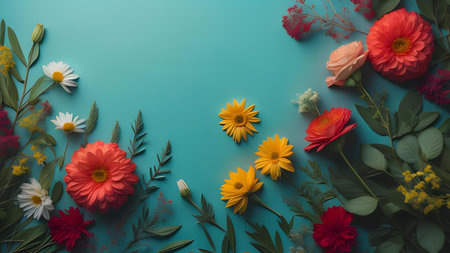 Flowers composition. Colorful flowers on blue background. Flat lay, top view, copy spaceの素材