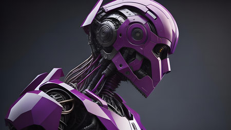 3d rendering of a robot with purple skin isolated on black backgroundの素材