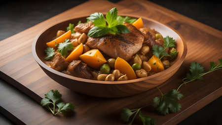 Chicken stew with chickpeas and vegetables in a wooden bowl.の素材