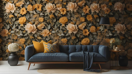 Modern living room interior design with floral wallpaper. 3d render illustrationの素材
