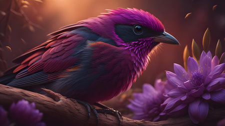 Beautiful bird on a branch with purple flowers in the background.の素材