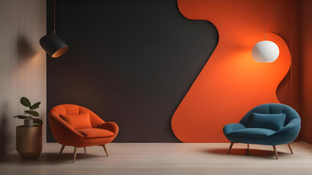 Interior of modern living room with orange and black walls, wooden floor, comfortable armchairs and lamp. 3d renderingの素材