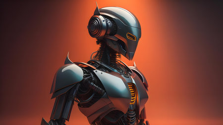 Cyborg robot with protective helmet. 3d illustration. Robot concept.の素材
