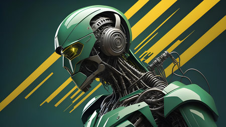 3D rendering of a robot with green helmet in a futuristic backgroundの素材