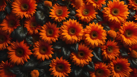 Orange gerbera flowers, top view. Floral background.の素材