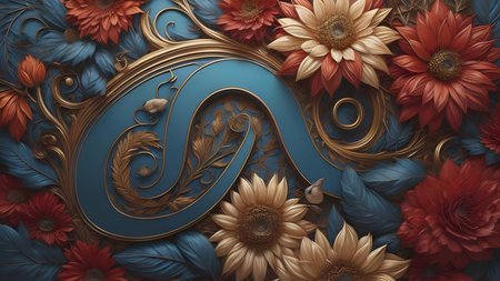 3d illustration of floral background with blue letter S. Floral composition.の素材