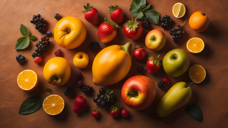 Fresh fruits and vegetables on a brown paper background. Top view.の素材
