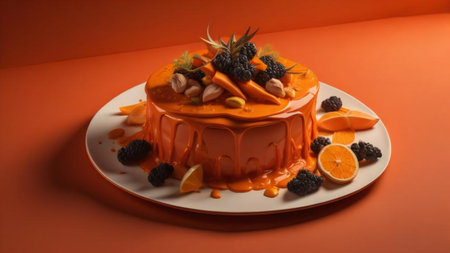 Orange cake with blackberries, oranges and apricots on orange background. generative aiの素材