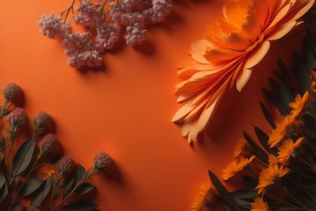 Flowers composition. Orange flowers on orange background. Flat lay, top view, copy space, generative aiの素材