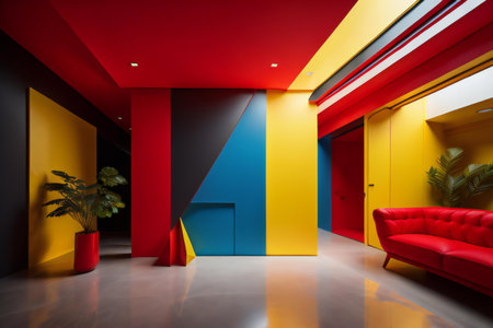 Interior of modern living room with red and yellow walls, concrete floor, red sofa and green plants. 3d renderingの素材