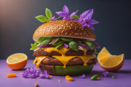 Hamburger with orange and purple flowers on a purple background. generative aiの素材